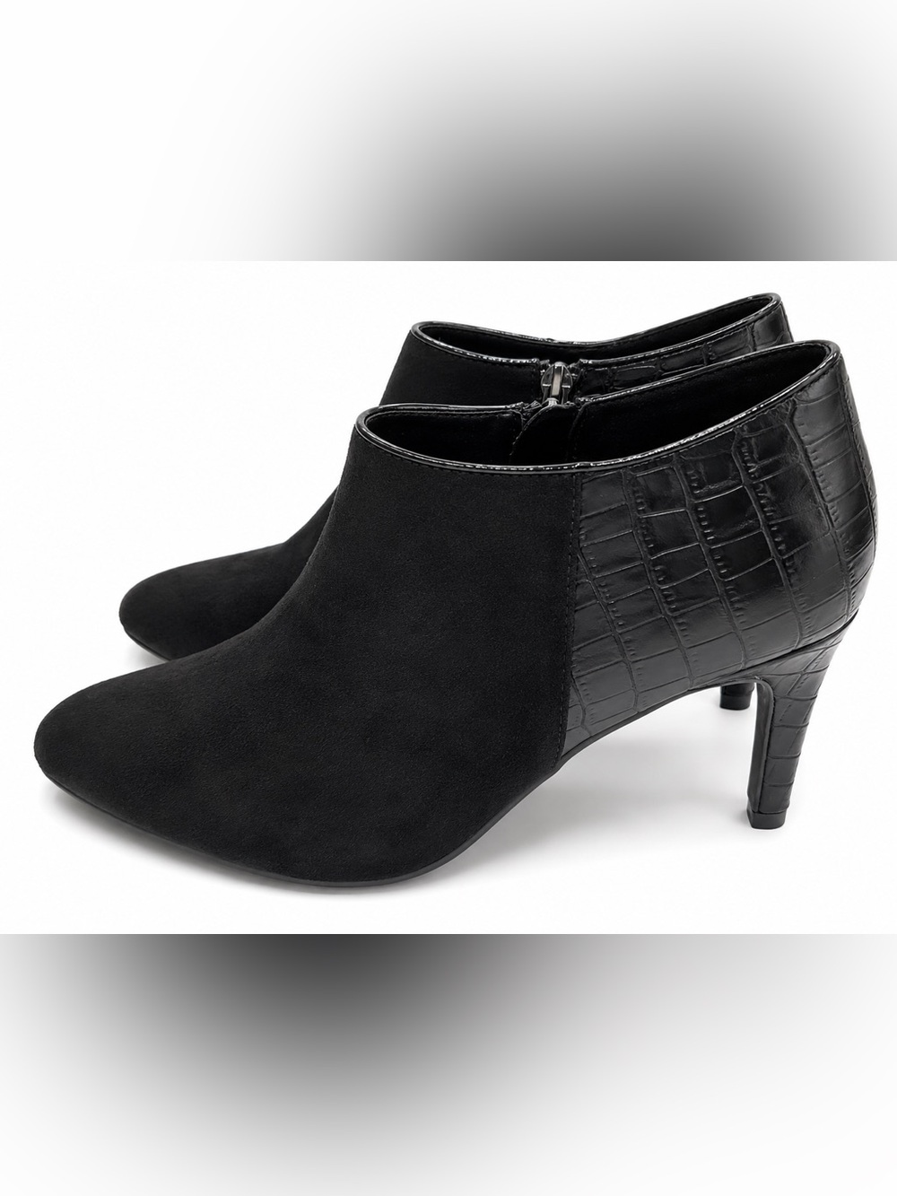 Xappeal Black Suede and Croc-Embossed Ankle Booties